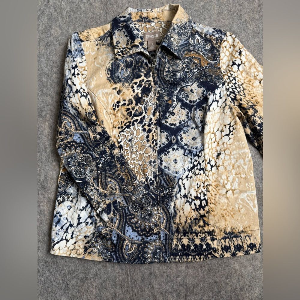 Chico's‎ Jacket Women's 1 Beige Black Printed Cotton Stretch Collared Full Zip - Picture 3 of 9